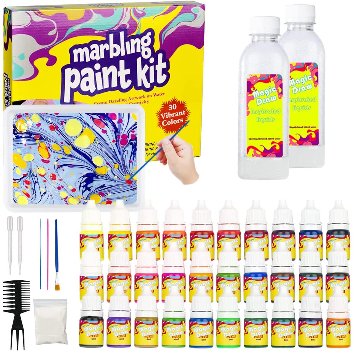 BROSUPER, Marbling Paint Kit for Kids, Water Marbling Paint Set, ArtsÂ andÂ CraftsÂ forÂ Girls and Boys Ages 6-12, 30 Colors, Ideas for Kids Activities Age 4 5 6 7 8 9 10 Marble Painting