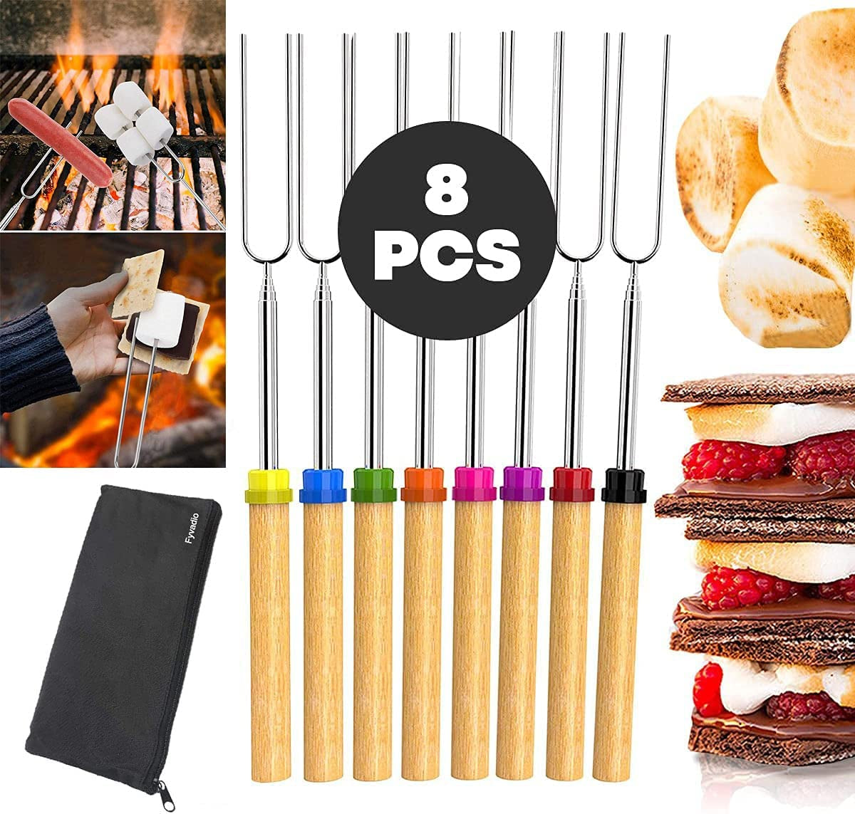 Fyvadio, Marshmallow Roasting Sticks, Fyvadio Set of 8 Telescoping Smores Skewers & Hot Dog Forks with Wooden Handle for Fire Pit Campfire - 32 Inch Stainless Steel BBQ Kit for Outdoor Camping