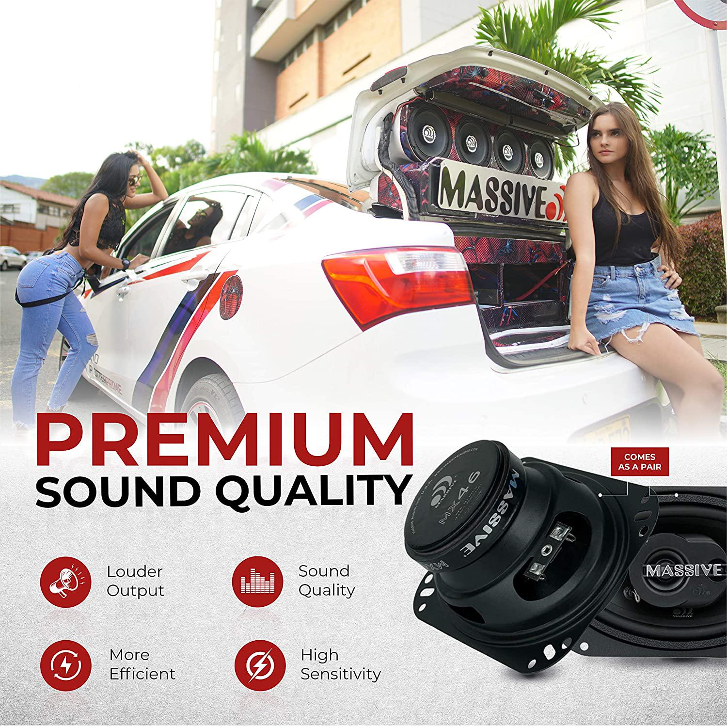 Massive Audio, Massive Audio MX46 MX Series Coaxial Speakers. 80 Watts, 4 Ohm, 40w RMS Heavy Duty 4x6 Inch 2 Way Speakers. Enjoy Crystal Clear Sound with These Great Coaxial Speaker System (Sold in Pairs)
