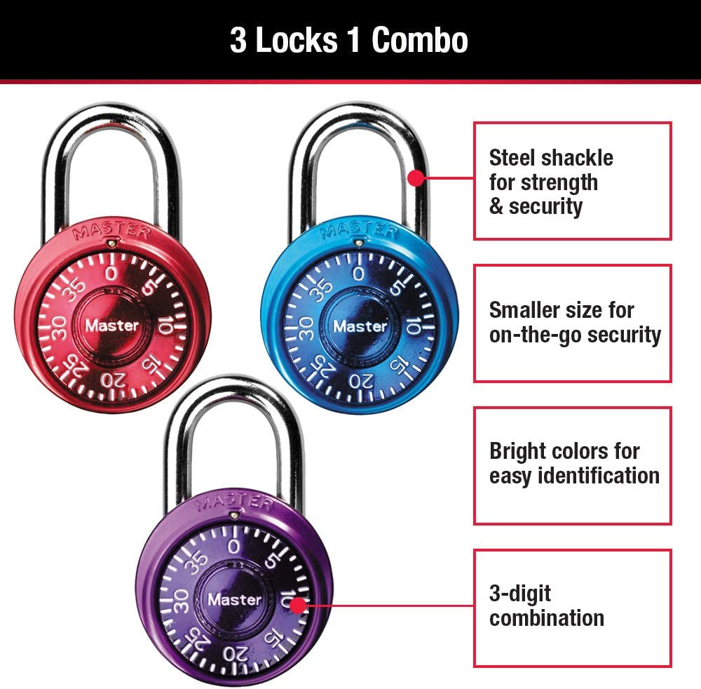 Master Lock, Master Lock 1533TRI Locker Lock Mini Combination Padlock, 3 Pack, Assorted Colors