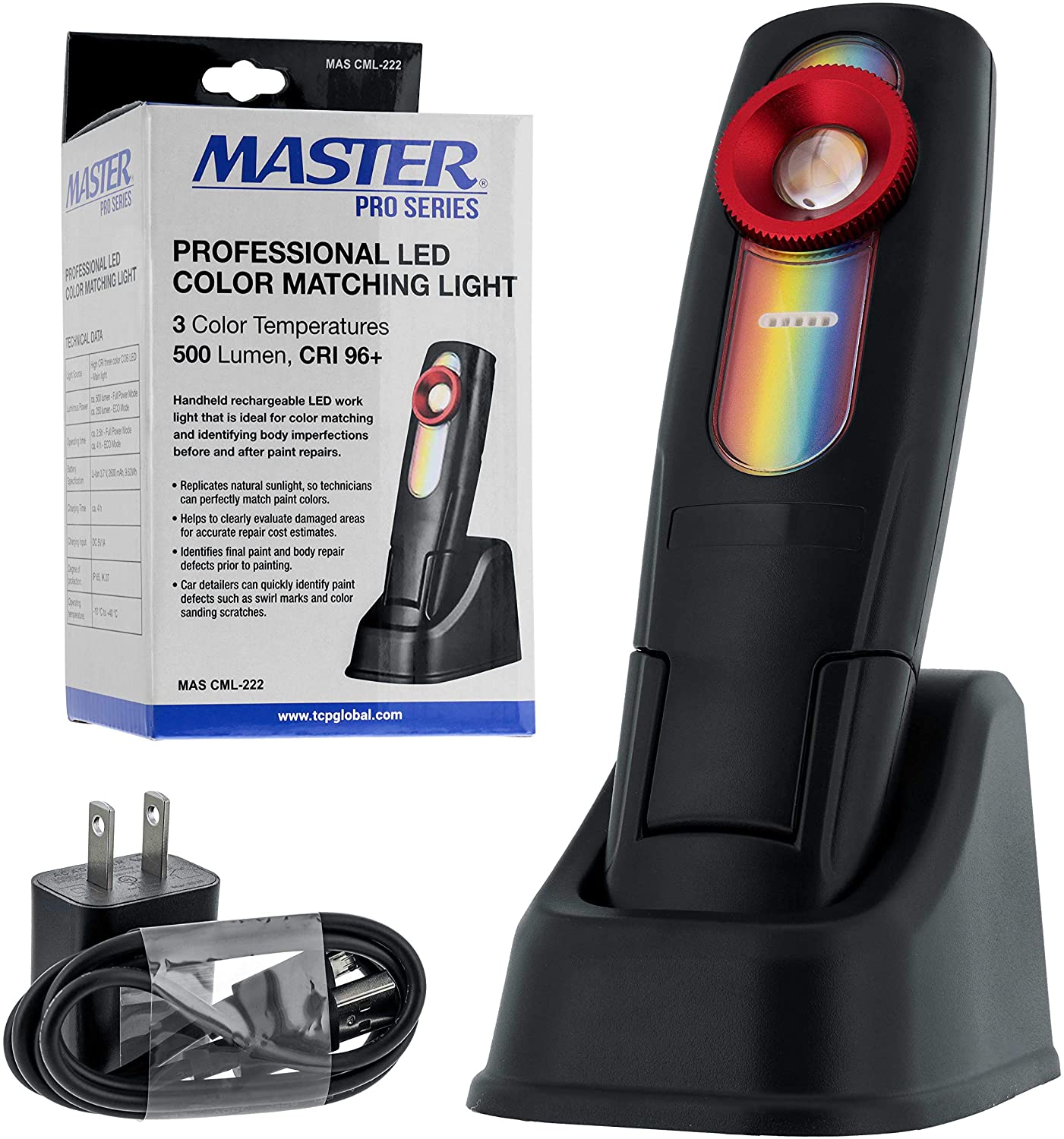 Master Airbrush, Master Pro - LED Color Matching Light, 500 Lumen - Exact Paint Color Match, Replicates Natural Sunlight for Perfect Match - 3 Color Temperatures, Handheld Rechargeable Work Light, Bodyshop Car Repair