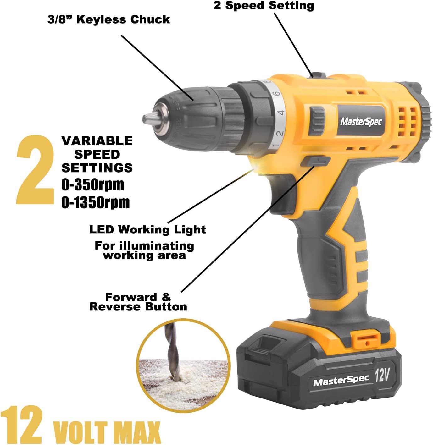 MasterSpec, MasterSpec 47Pcs 12V Cordless Drill Driver Set Household Hand Tool Kit w/ 2 Batteries