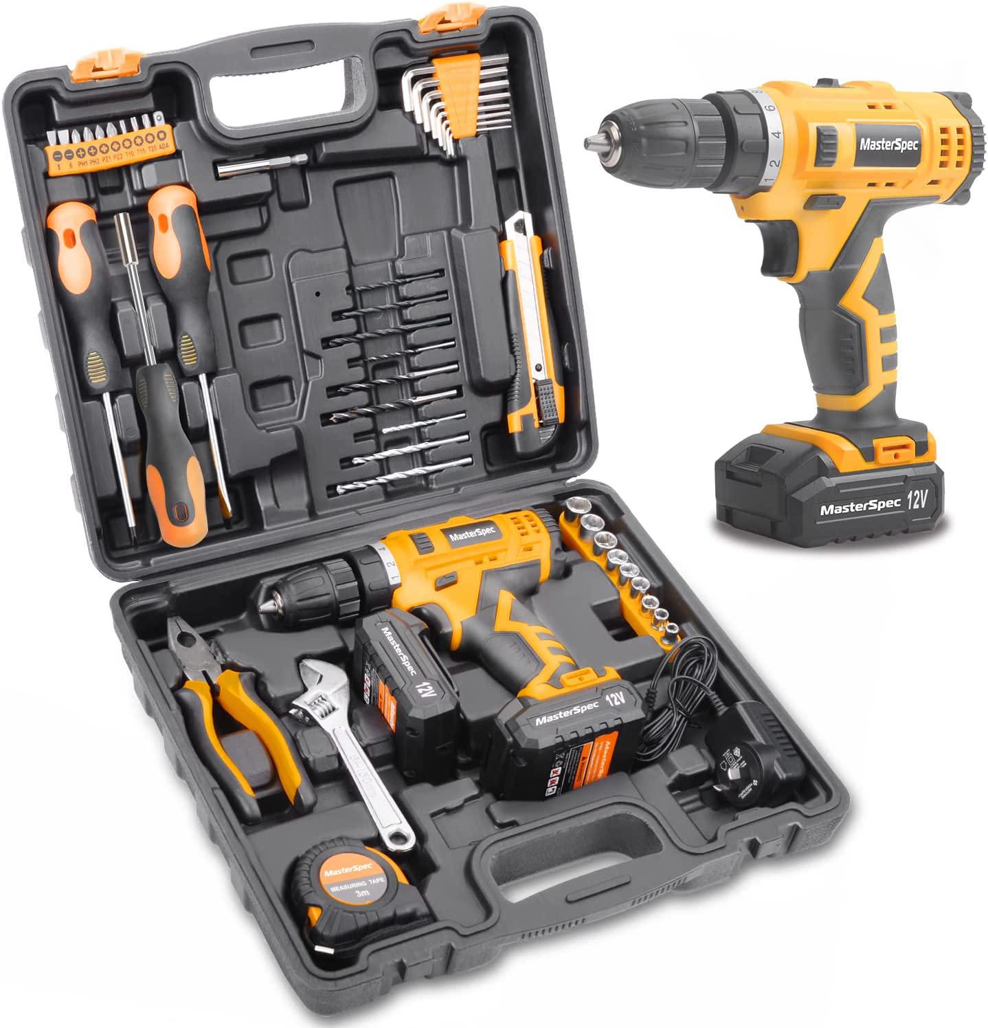 MasterSpec, MasterSpec 47Pcs 12V Cordless Drill Driver Set Household Hand Tool Kit w/ 2 Batteries