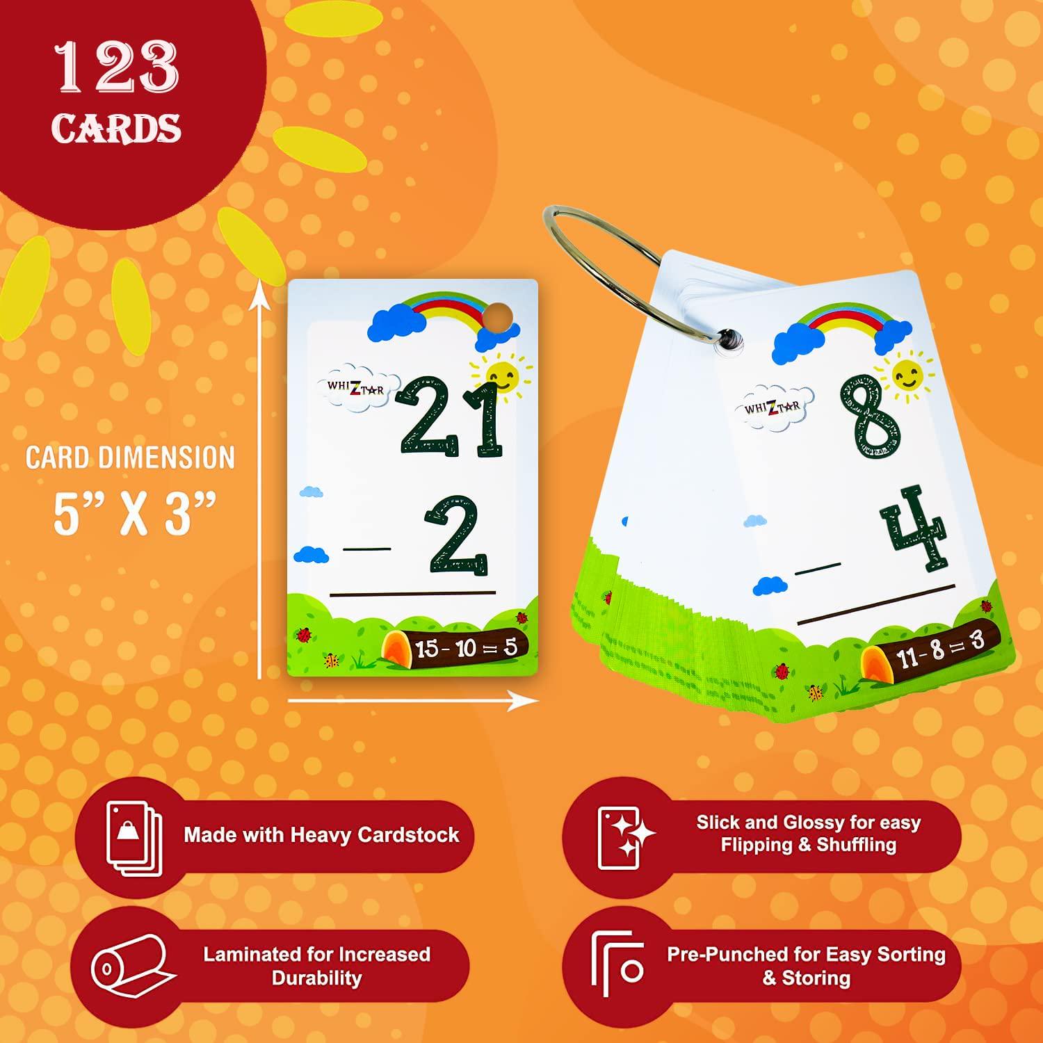 WHIZTAR, Math Flash Cards - Subtraction Flash Cards - 123 Hole - Punched Math Game Flash Cards - 246 Equations - 2 Binder Rings - for Ages 7 and Up - 2nd, 3rd, 4th, 5th, and 6th Grade, by Whiztar