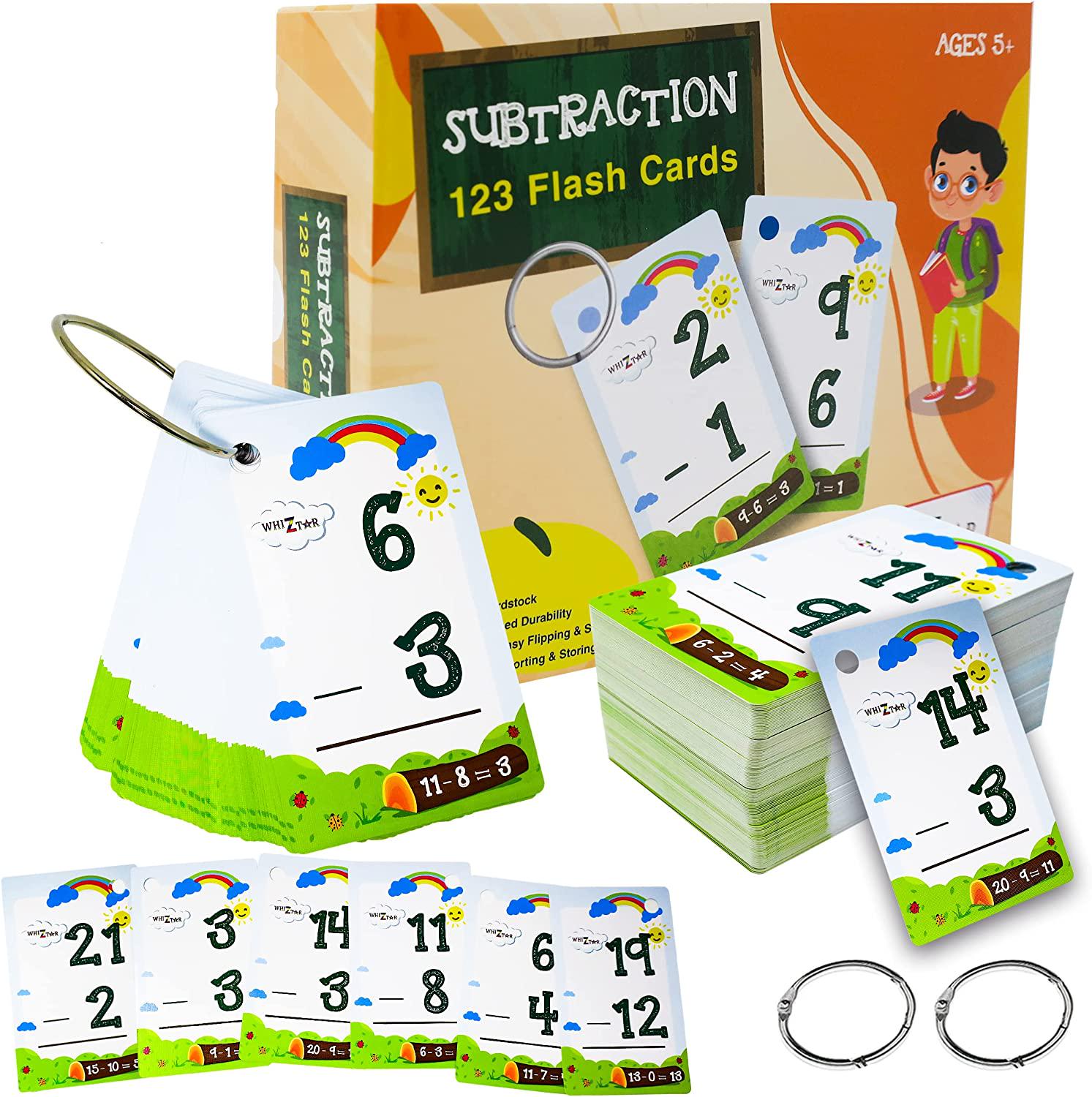 WHIZTAR, Math Flash Cards - Subtraction Flash Cards - 123 Hole - Punched Math Game Flash Cards - 246 Equations - 2 Binder Rings - for Ages 7 and Up - 2nd, 3rd, 4th, 5th, and 6th Grade, by Whiztar