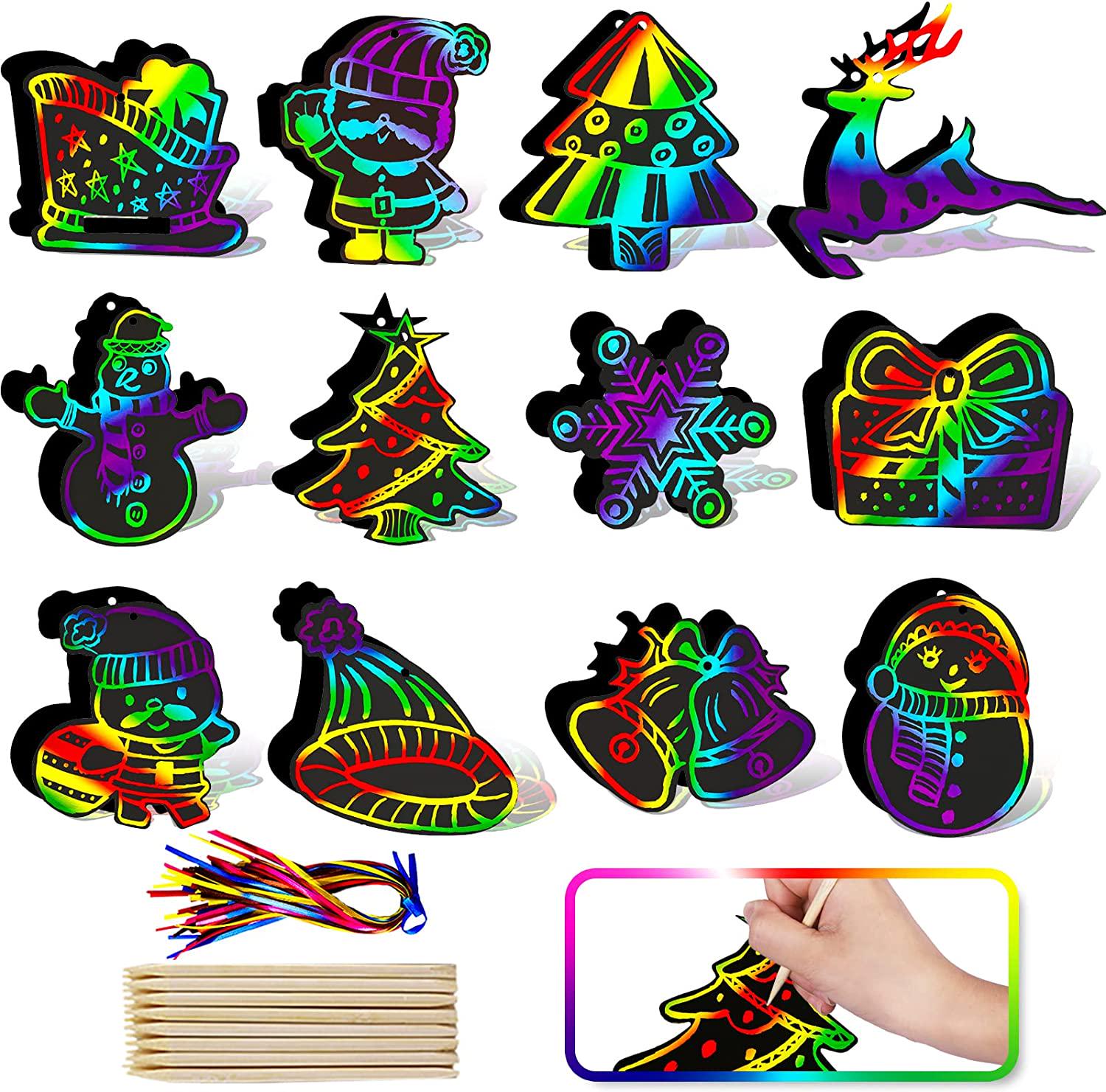 Max Fun, Max Fun Rainbow Color Scratch Christmas Ornaments (96 Counts) - Magic Scratch Off Cards Paper Hanging Art Craft Supplies Educational Toys Kit with 48 PCS Drawing Sticks and 96 Cords for Kid Party Favor