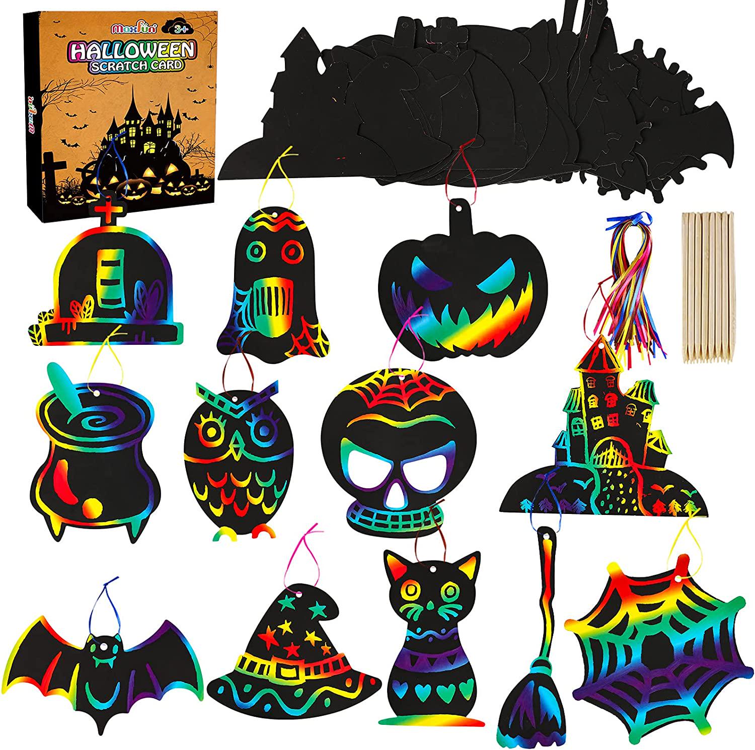 Max Fun, Max Fun Rainbow Color Scratch Halloween Ornaments (48 Counts) - Magic Scratch Off Cards Paper Hanging Art Craft Supplies Educational Toys Kit with 24 PCS Wooden Stylus and Cords for Kids Party Favors
