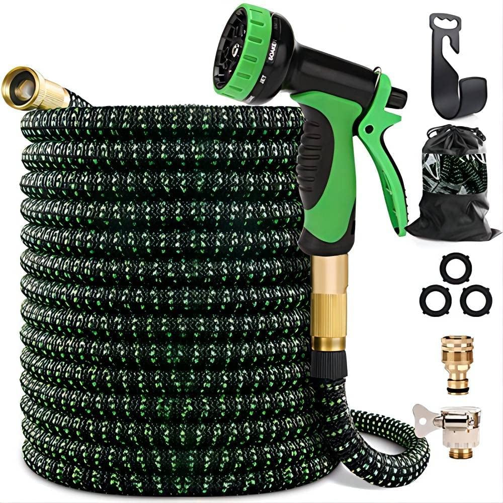Maxee, Maxee 50FT Garden Hose, Kink Free Expandable Garden Hose with 9 Function Spray Nozzle 3/4" Solid Brass Fittings, Double Layer Latex Core, Leakproof Outdoor Gardening Flexible Water Hose Kit