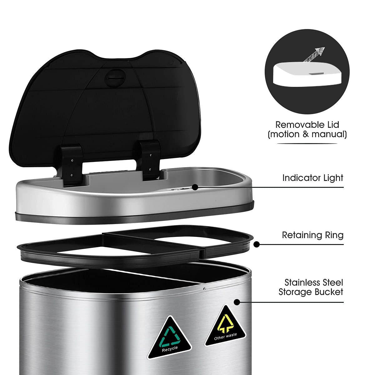 Maxkon, Maxkon 70L Motion Sensor Bin Dual Bin Recycle Rubbish Bin Touchless Kitchen Waste Can Stainless Steel Sliver