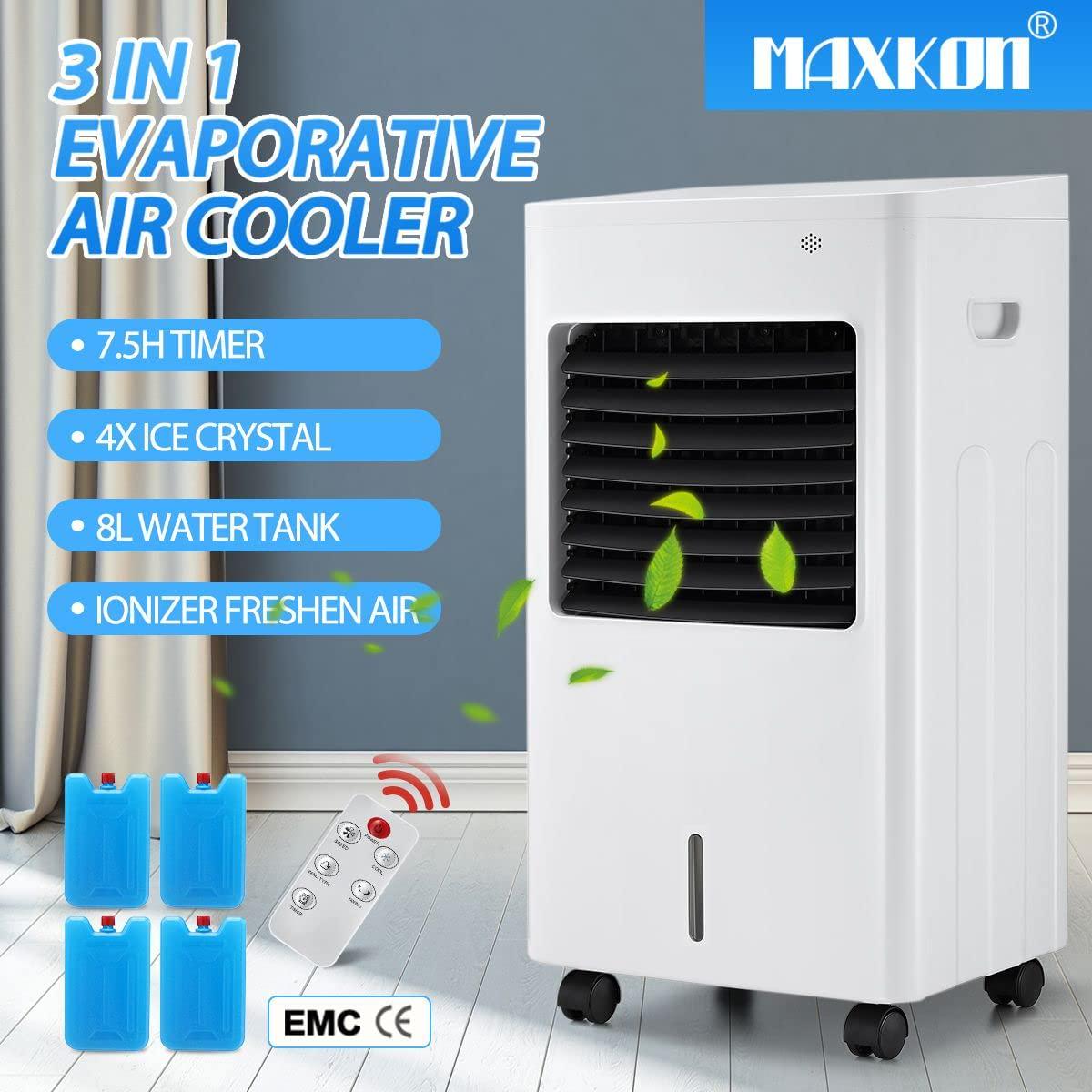 Maxkon, Maxkon Evaporative Cooler 3in1 Air Cooler,8L Water Tank,Purifier Humidifier Portable Cooling Fan,4x Ice Crystal,White and Black
