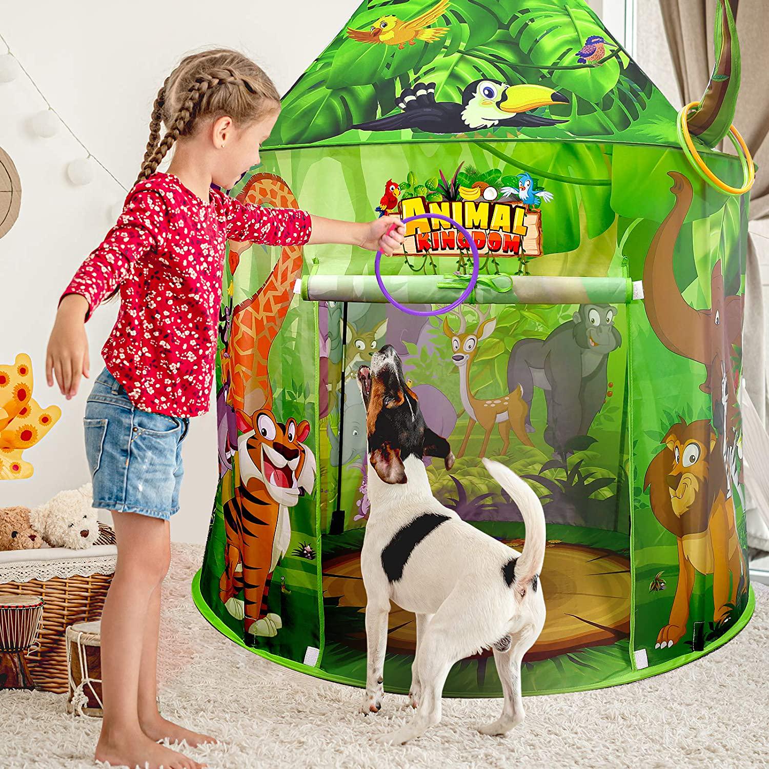 MayMoi, MayMoi Animal World Kids Play Tent with Ring Toss - Pop Up Tent for Kids Girls and Boys, Indoor Play Kids Tent and Foldable Playhouse Toy