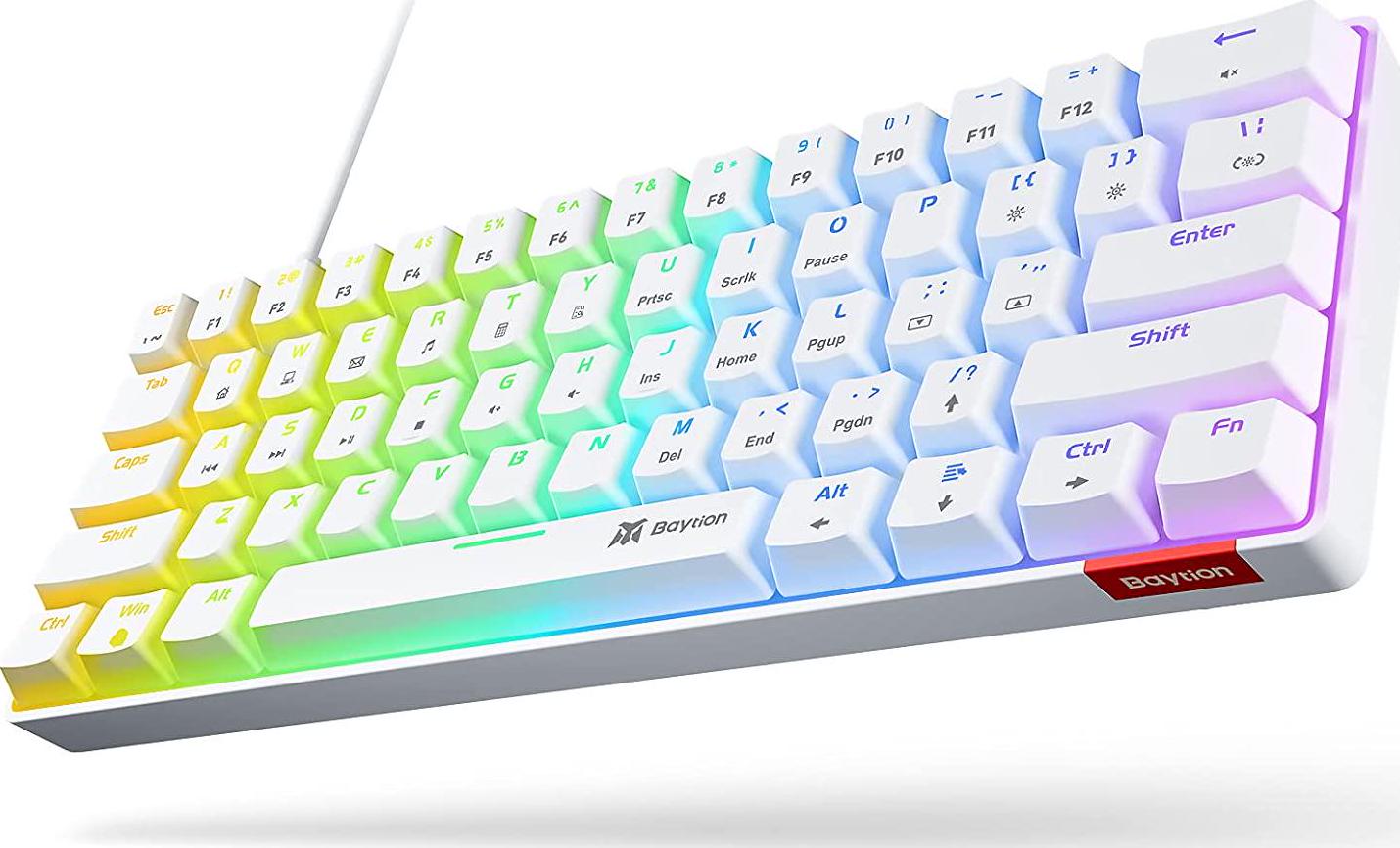 Baytion, Mechanical Gaming Keyboard, Baytion 61 Keys Ultral Compact Wired Keyboard with Blue Switches and RGB Backlit for iOS, Android and Windows, White