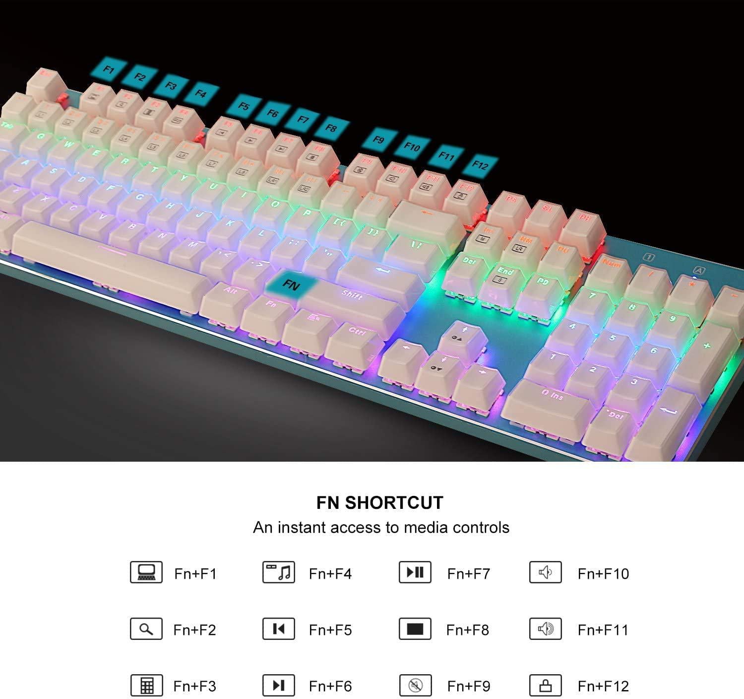 E Element, Mechanical Gaming Keyboard Blue Switches, Rainbow Backlit, 104 Keys Anti-Ghosting Keyboard for PC Computer Desktop (Blue White)