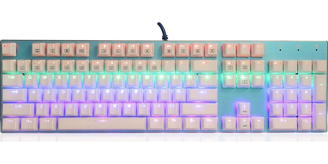 E Element, Mechanical Gaming Keyboard Blue Switches, Rainbow Backlit, 104 Keys Anti-Ghosting Keyboard for PC Computer Desktop (Blue White)