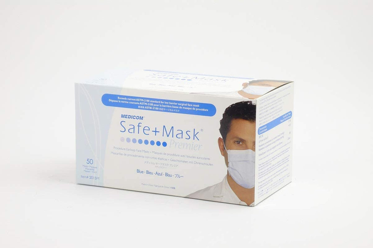 Medicom, Medicom Safe+ Premier Earloop Mask, Blue, 50 Count