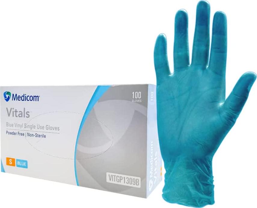 Medicom, Medicom Vitals Vinyl Gloves Powder Free, Blue Large Box, 100 Count