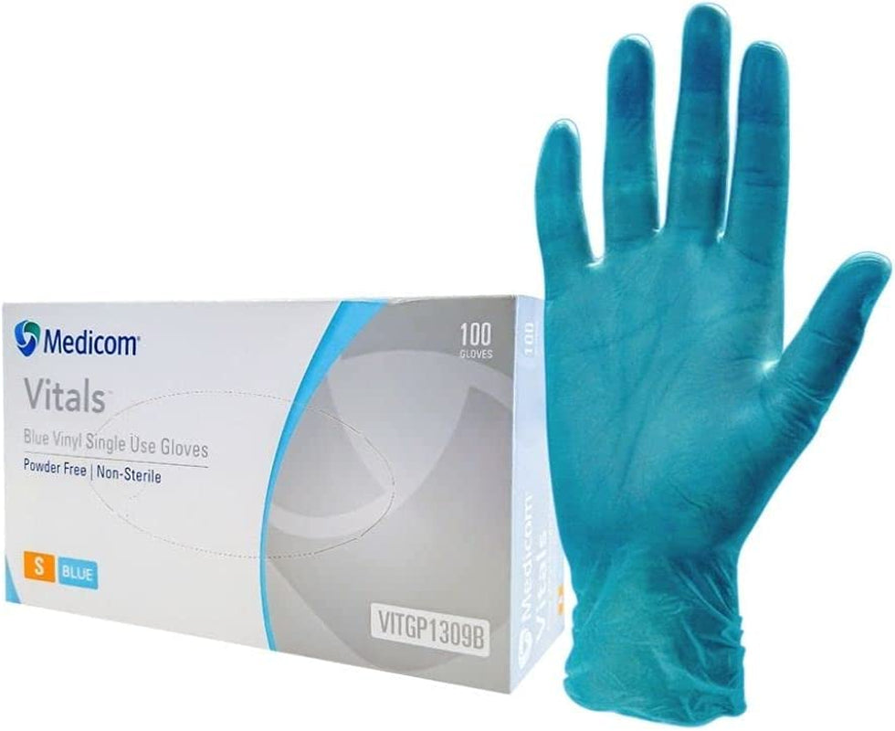 Medicom, Medicom Vitals Vinyl Gloves Powder Free, Blue, X-Large, 100 Count