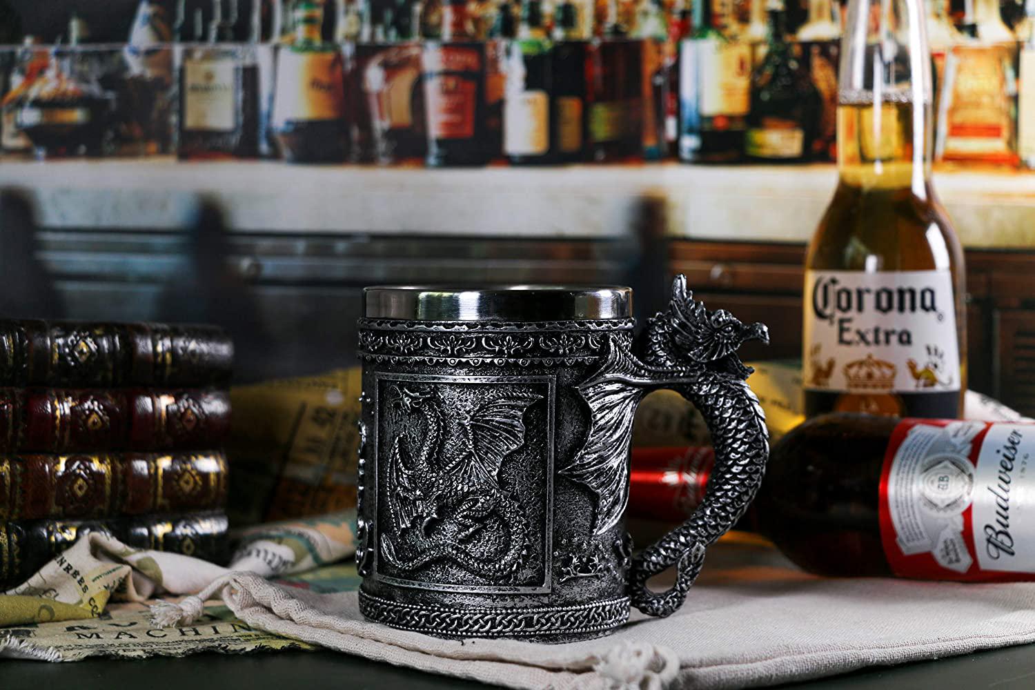 alikiki, Medieval Roaring Dragon Mug - Dungeons and Dragons Beer Stein Tankard Drink Cup Â - 14oz Stainless Coffee Mug for GOT Dragon Lovers Collector - Ideal Novelty Gothic Gift Party Decoration