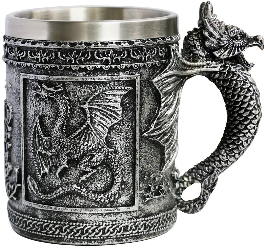 alikiki, Medieval Roaring Dragon Mug - Dungeons and Dragons Beer Stein Tankard Drink Cup Â - 14oz Stainless Coffee Mug for GOT Dragon Lovers Collector - Ideal Novelty Gothic Gift Party Decoration