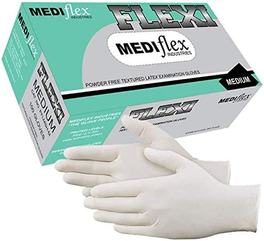 Mediflex, Mediflex Flexi Powder Free Latex Gloves (100/Box) - 245Mm Cuff Length, 4Mil Thickness, Micro Textured Fingertips, Non Sterile, Natural Rubber (M)