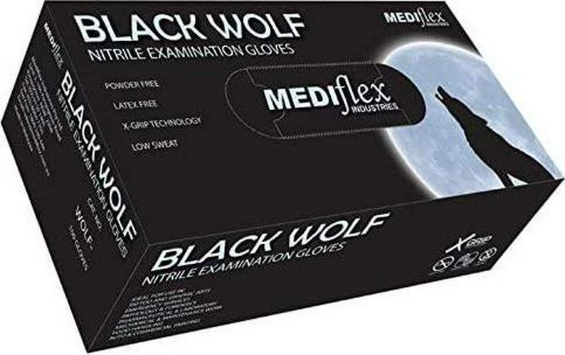 Mediflex, Mediflex Wolf Powder Free Black Nitrile Gloves (100/Box) - Examination Grade, Weight 4.7g, 245mm Cuff Length, Latex Free, Non Sterile, Textured Fingertips (XL)