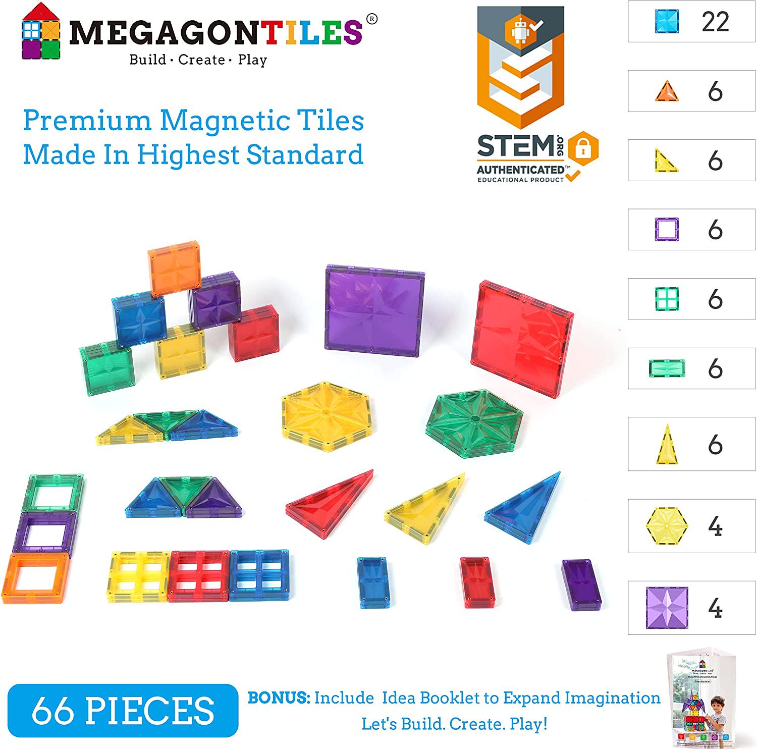 MEGAGONTILES, MegagonTiles 66PCS Premium Magnetic Tiles | STEM AUTHENTICATED | Magnet Tiles Polygons Set|Magnetic Blocks | Magnetic Toys | Magnetic Building Blocks | Toddler Boys Girls 3-10 Year Old