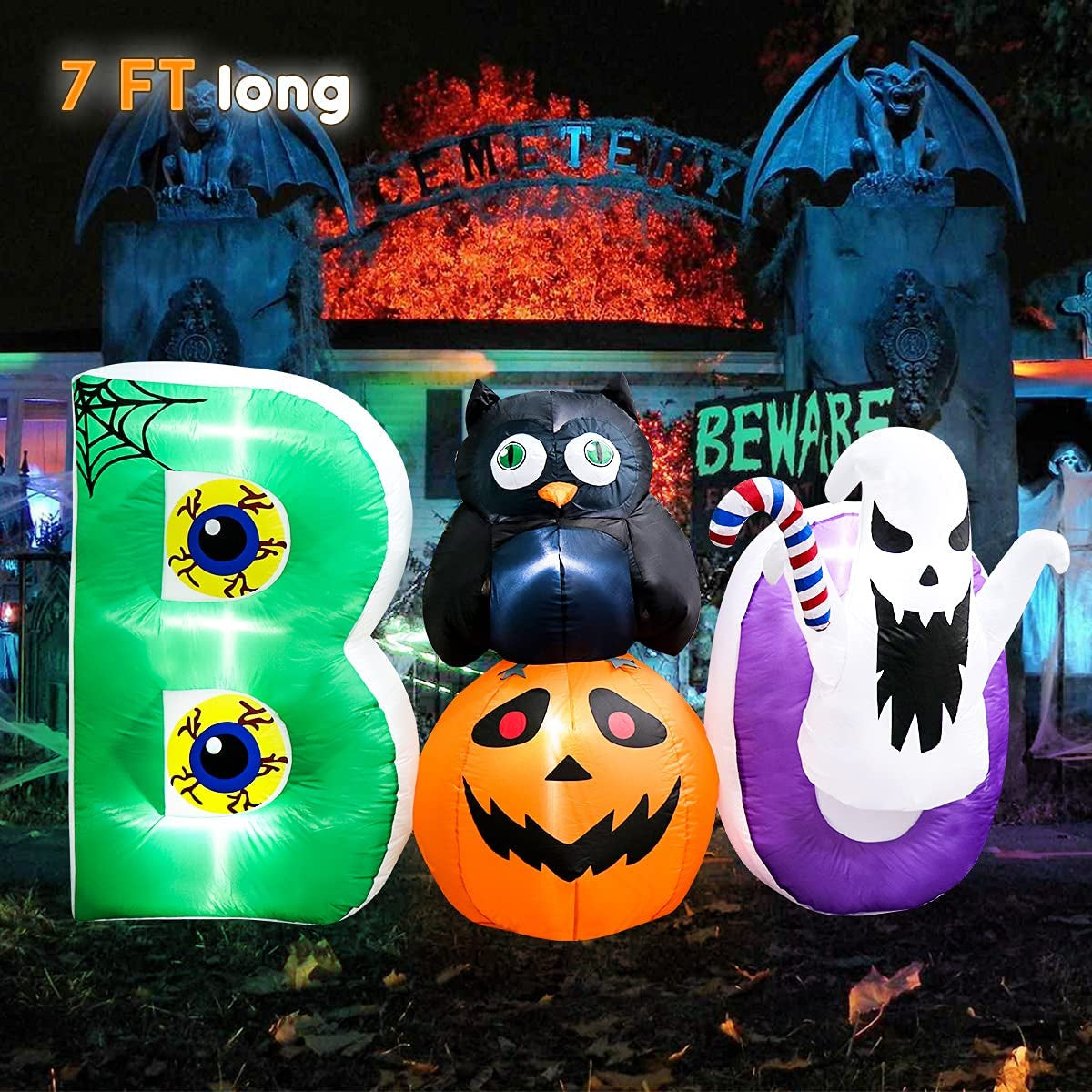 Meland, Meland Halloween Boo Scene Inflatable with Owl, Pumpkin and Ghost 7Ft - Blow up Halloween Decorations for Indoor Outdoor Yard Garden (Boo)