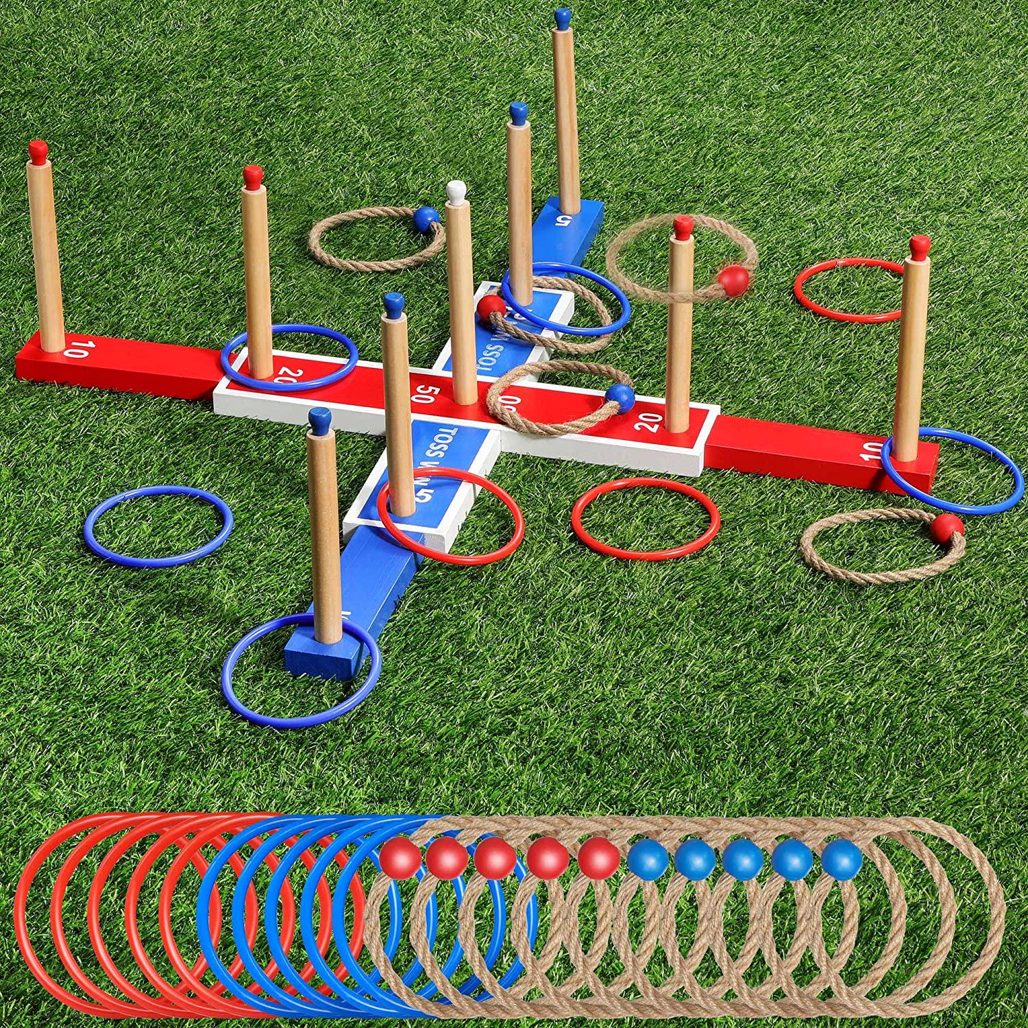 Meonum, Meonum Wooden Ring Tossing Game for Kids, 30 Inch Large Rings Toss Set with 20 Toss Rings, Kid and Adult Game for Backyard Lawn Yard Wedding BBQ Camping
