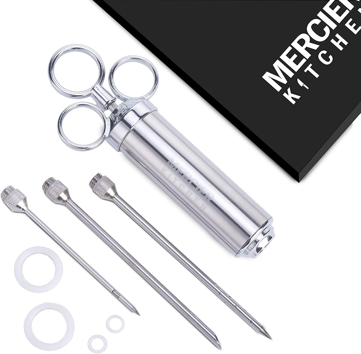 Mercier Kitchen, Mercier Kitchen Stainless Steel Heavy Duty Meat Marinade Injector with 2-Oz Large Capacity Barrel and 3 Marinade Needles
