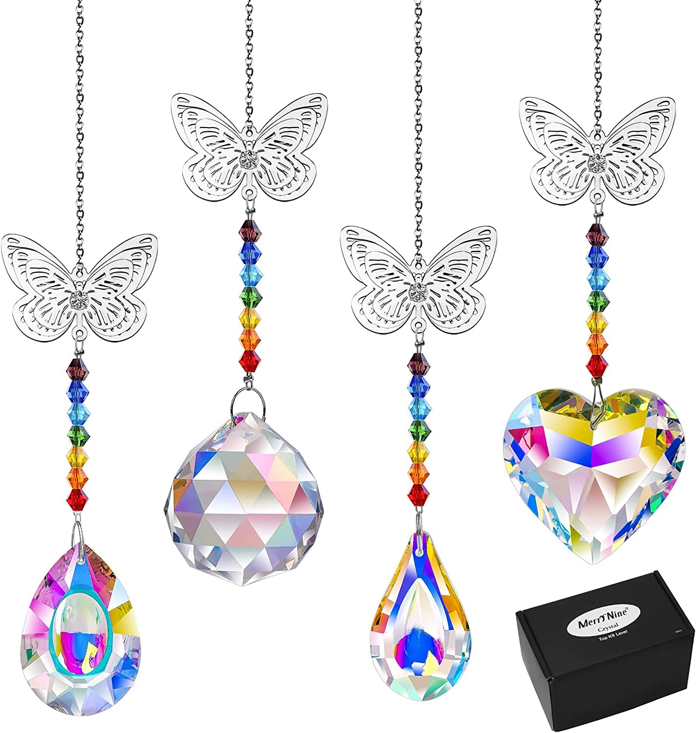 MerryNine, Merrynine 4 PCS Crystal Sunshine Catcher Colorful Heart/ Pipa/ Longan/ Crystal Prism Ball+Butterfly Pendant Windowsill Rainbow Hanging for Home Garden Window Car Decoration Christmas Tree Decoration