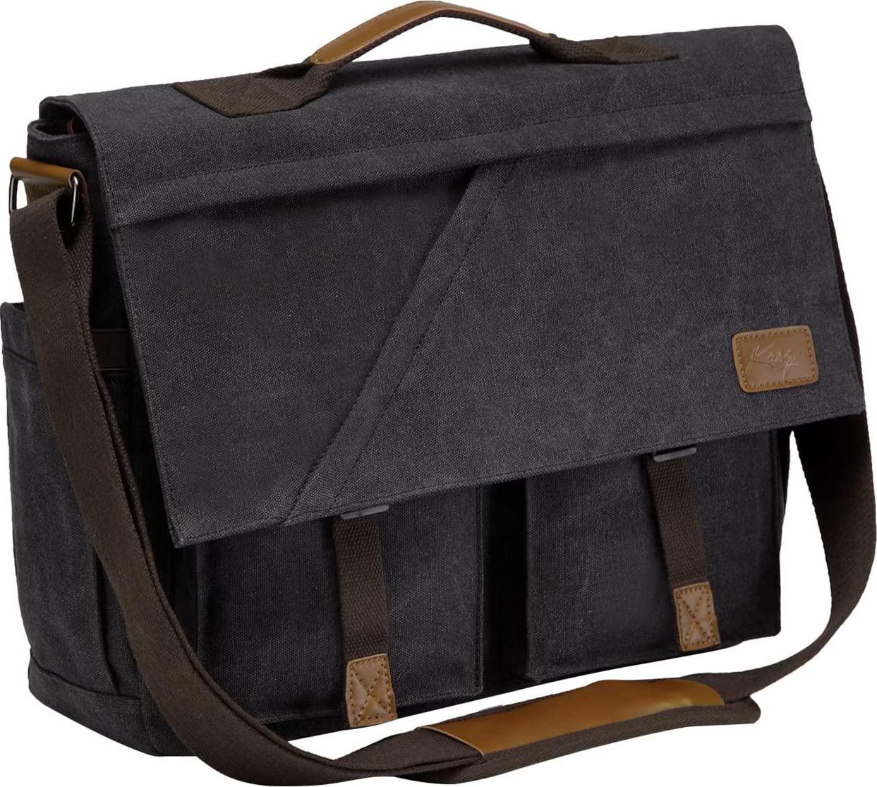 Kasqo, Messenger Bag for Men, Kasqo Vintage Water Resistant Canvas Satchel Briefcase 15.6 inch Laptop Shoulder Bag for Work Business School