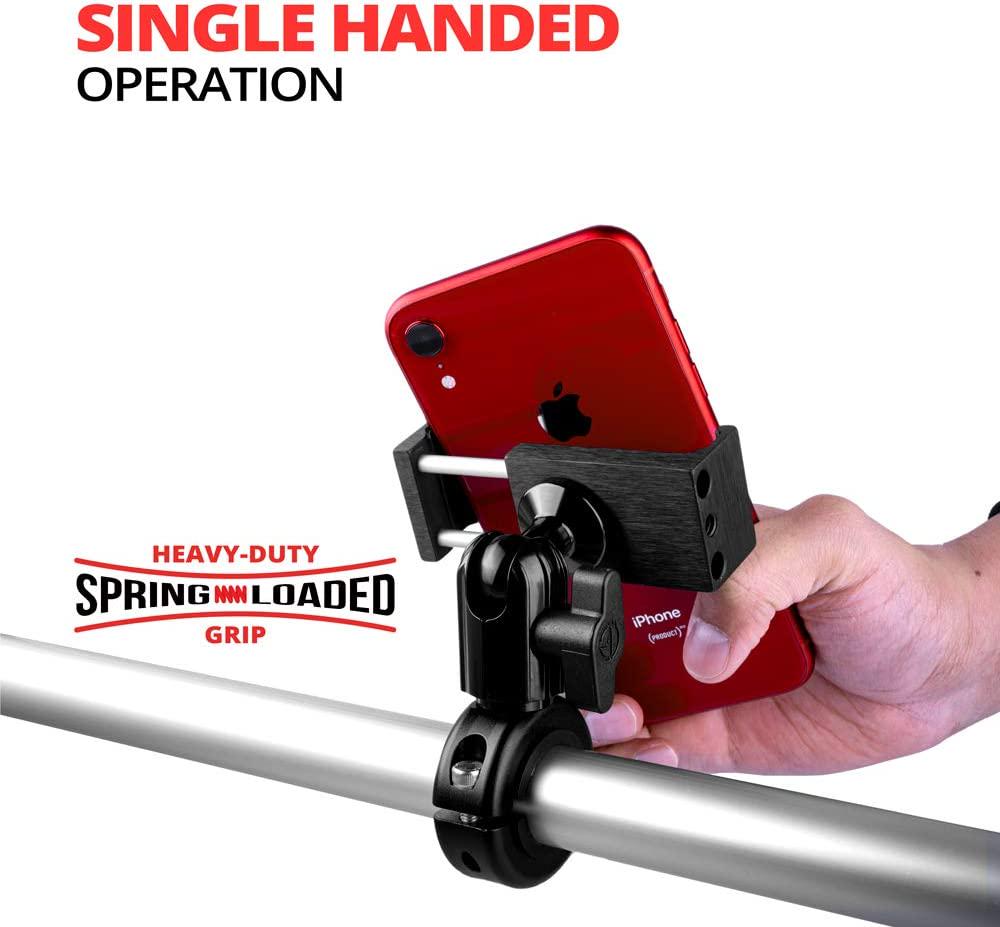 Tackform Solutions, Metal Motorcycle Mount for Phone - by TACKFORM [Enduro Series] - NO SLINGS NEEDED. Rock solid holder for Regular and Plus sized iPhone and Samsung devices. Industrial Spring Grip