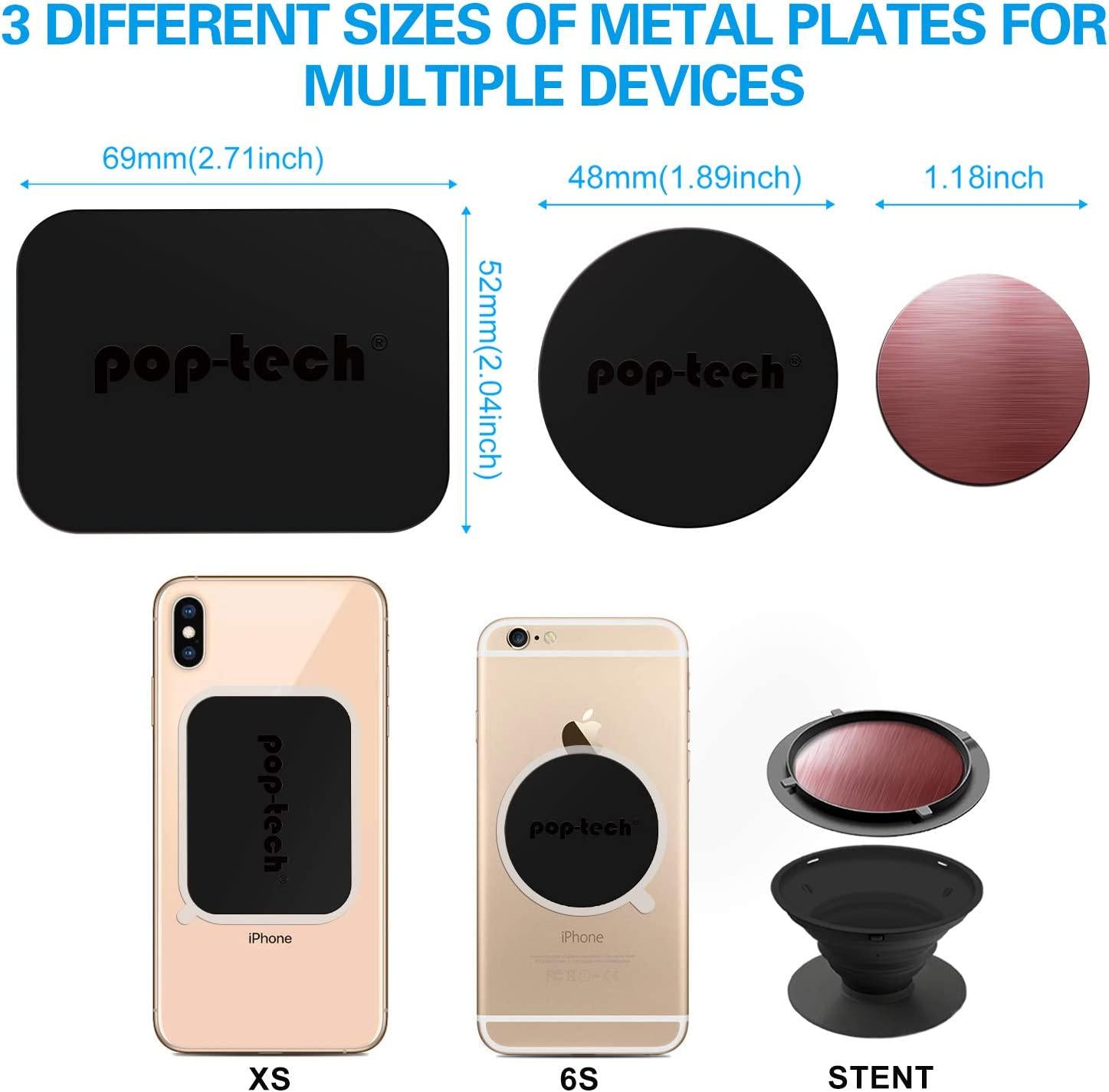 pop-tech, Metal Plate, Pop-Tech 6 Pack Universal Mount Metal Plate with Adhesive for Magnetic Car Mount Cell Phone Holder, 2 Rectangular and 4 Round