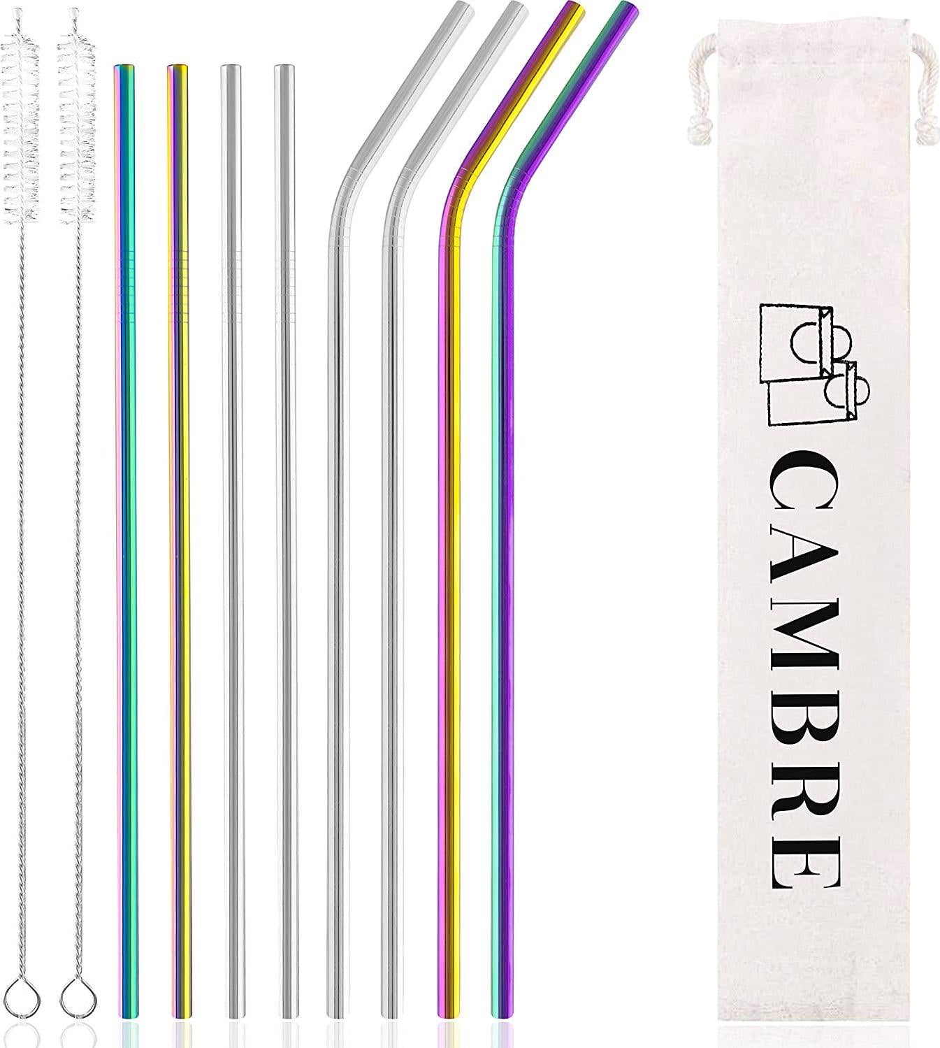 Cambre, Metal Straw, Stainless Steel Straws for Drinking, Recyclable Glass Straws, Pack of 8 (4 Straight and 4 Bent) with Cleaning Brushes, Portable Pouch Bag