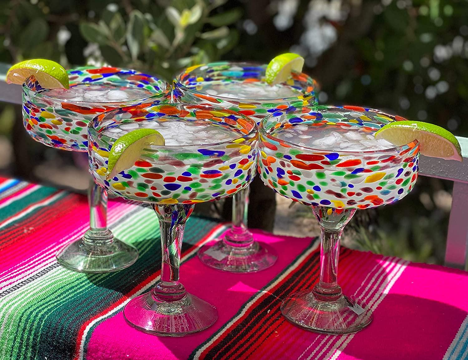 Dos Sueños, Mexican Hand Blown Glass Set of 4 Hand Blown Margarita Glasses Confetti Rock (16 oz)