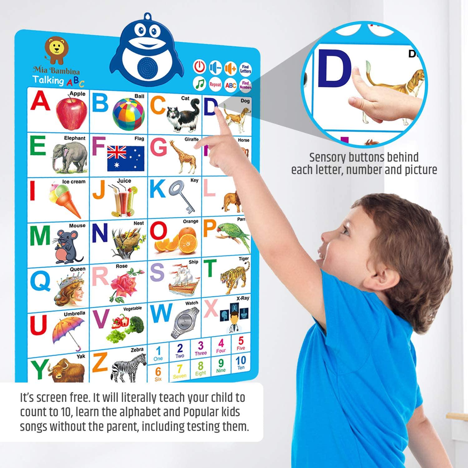 Mia Bambina, Mia Bambina Educational Toys for Toddlers - Electronic ABC Poster | Teaches Tactile Memory, Word Association and Counting | Songs, Intuitive Buttons | Easy to Clean and Durable