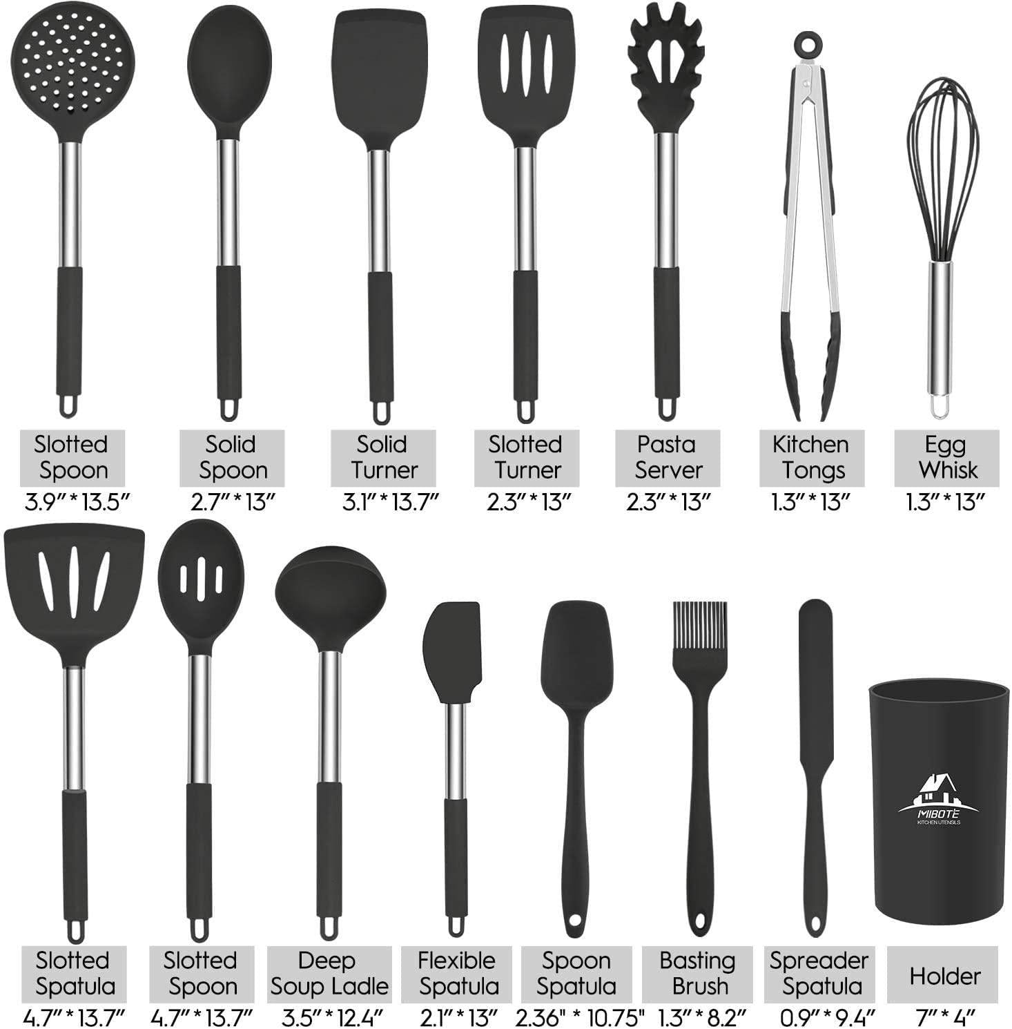 MIBOTE, Mibote 15 Pcs Silicone Kitchen Utensils Set, Cooking Utensils Set with Heat Resistant BPA-Free Silicone and Stainless Steel Handle Kitchen Tools Set (Black)