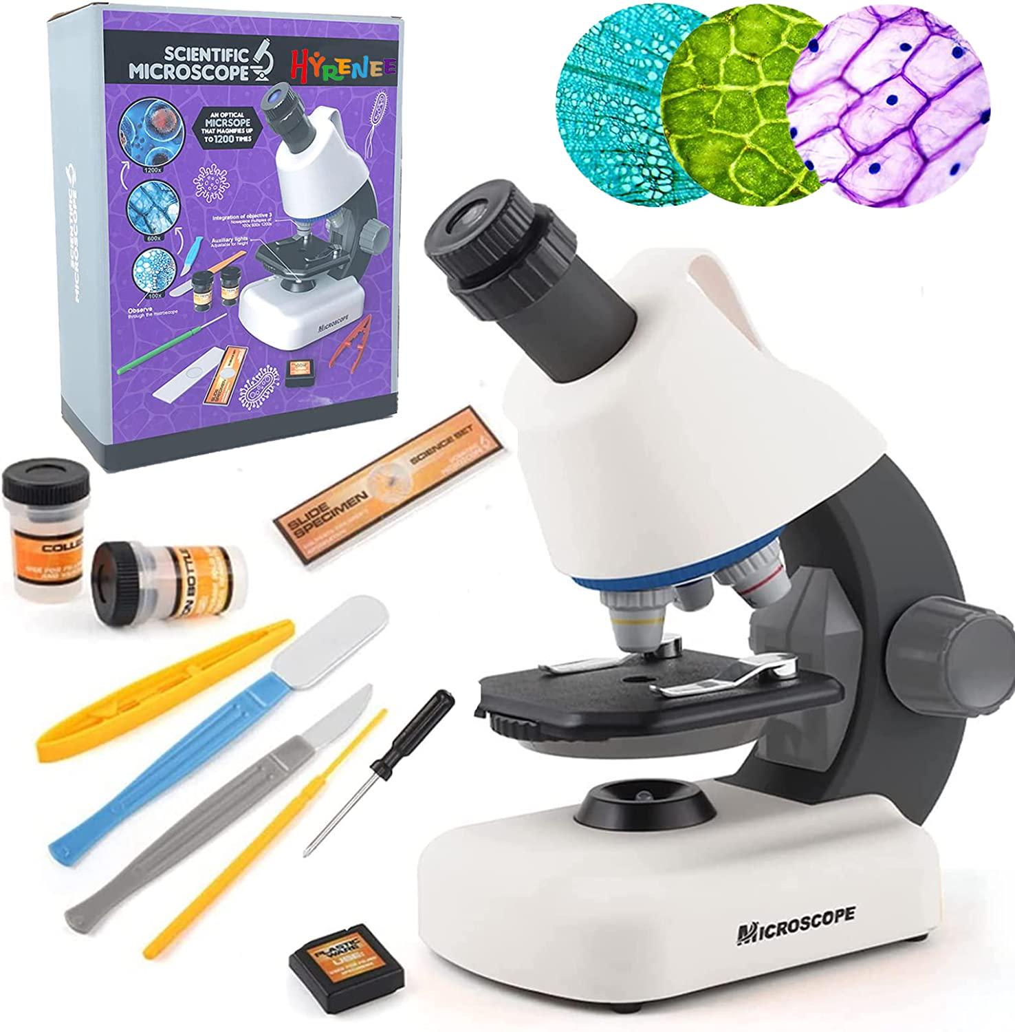 HYRENEE, Microscope for Kids 100X-1200X, Student Beginner Microscope STEM Kit with Microscope, Slide Specimen, LED Light, Science Experiment Microscope Kit for Kids 8-12 Years Old