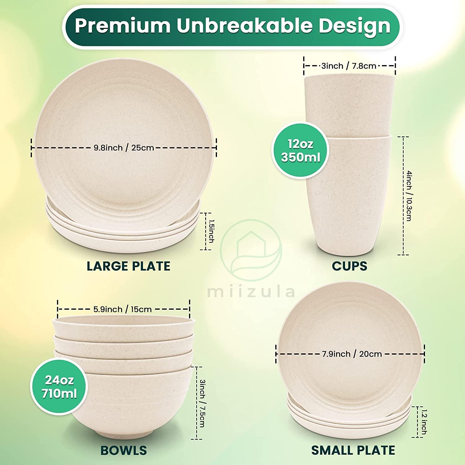 Miizula, Miizula Premium Wheat Straw Dinnerware Set 16-Piece Beige - Unbreakable Reusable Dinner Plates and Bowls - Microwave Dishwasher Freezer Safe - Eco Friendly