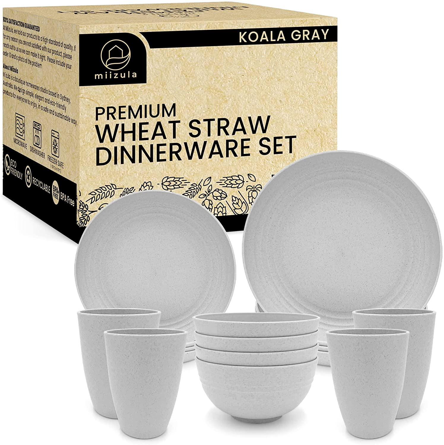Miizula, Miizula Premium Wheat Straw Dinnerware Set 16-Piece Light Grey - Unbreakable Reusable Dinner Plates and Bowls - Microwave Dishwasher Safe - Eco Friendly