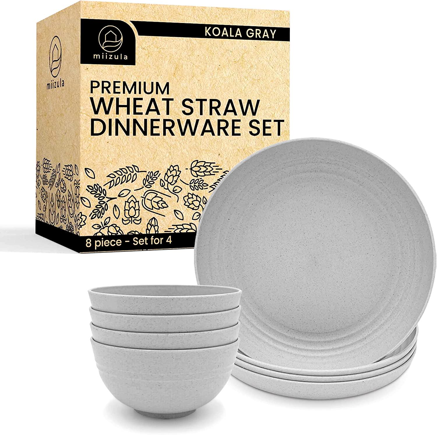Miizula, Miizula Premium Wheat Straw Dinnerware Set 8-Piece Light Grey - Unbreakable Reusable Dinner Plates and Bowls - Microwave Dishwasher Freezer Safe - Eco Friendly