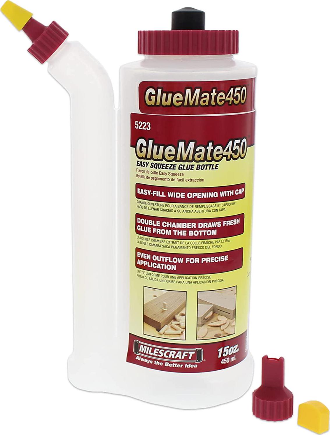 Milescraft, Milescraft 5223 Glue Mate 450-15oz. (450ml) Precision Wood Glue Bottle - Anti-Drip - Dowel and Biscuit Tips Included - Easy Flow Multi-Chamber Design - Ideal for Woodworking