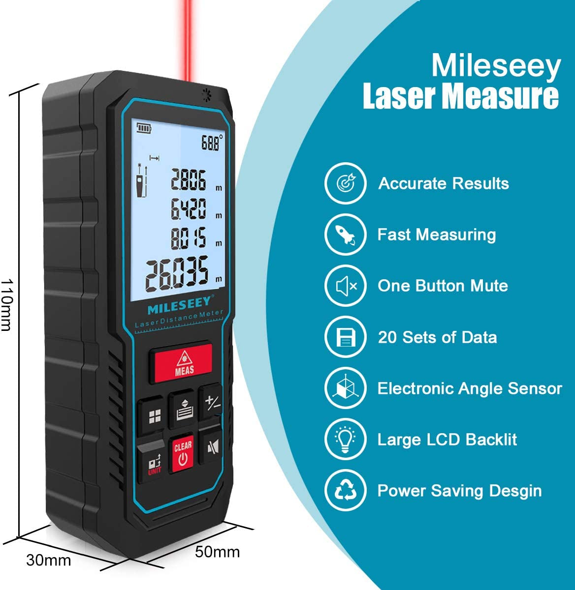 MiLESEEY, Mileseey Laser Measure, 229Ft M/In/Ft Digital Distance Meter, Laser Measurement Tool with Electronic Angle Sensor, Backlit LCD, Pythagorean Mode, Measuring Distance, Area and Volume