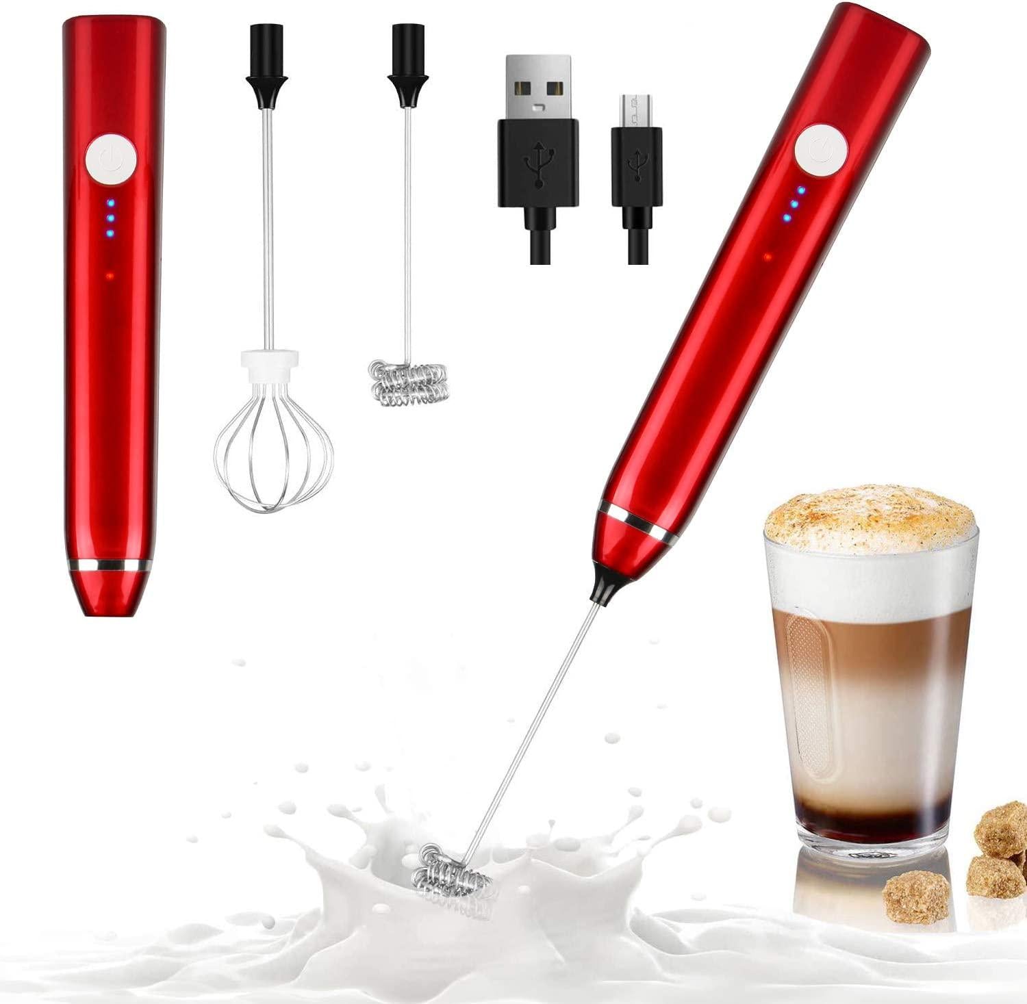 Dallfoll, Milk Frother Handheld, Dallfoll USB Rechargeable Electric Foam Maker for Coffee, 3 Speeds Mini Milk Foamer Drink Mixer with 2 Whisks for Bulletproof Coffee Keto Frappe Latte Cappuccino (Red)
