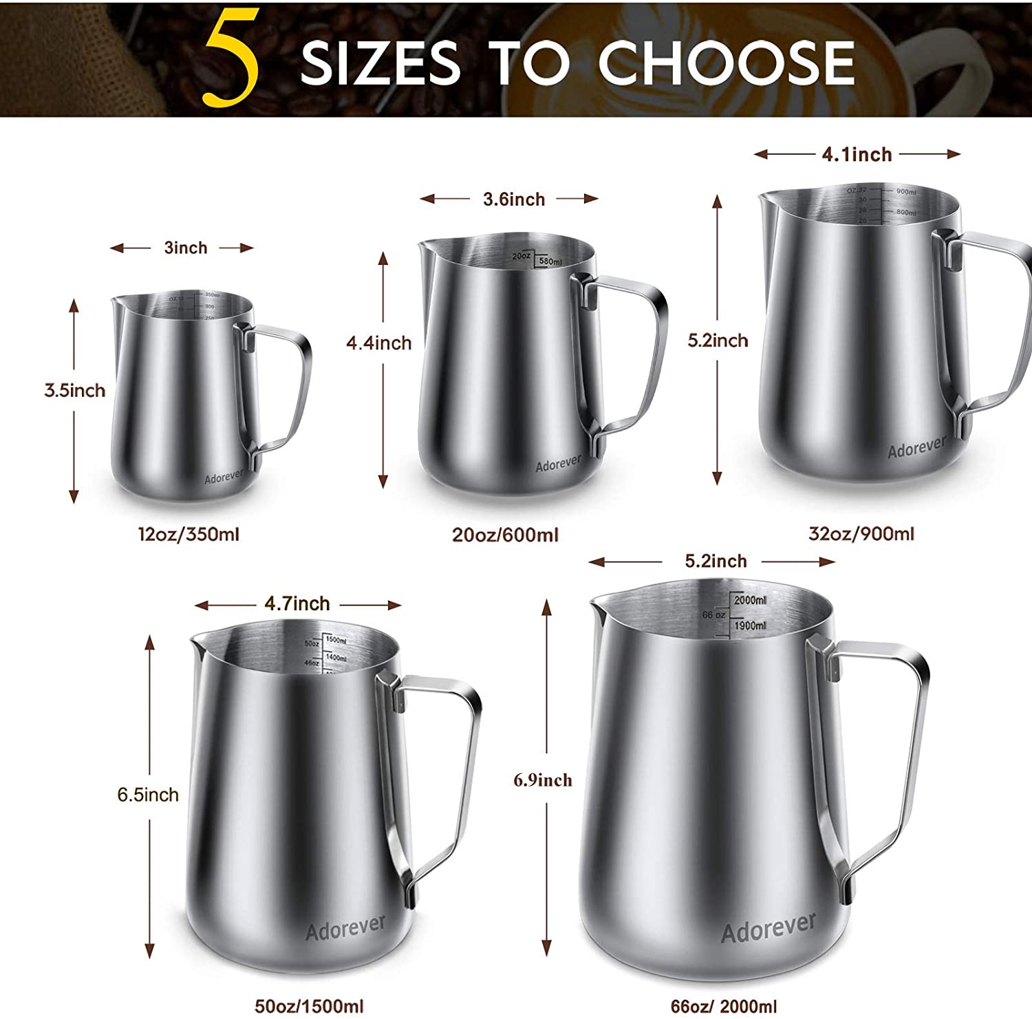 Adorever, Milk Frothing Pitcher 600ml/350ml/900ml (20oz/12oz/32oz) Steaming Pitchers Stainless Steel Milk/Coffee/Cappuccino/Latte Art Barista Steam Pitchers Milk Jug Cup with Decorating Art Pen, Latte Arts