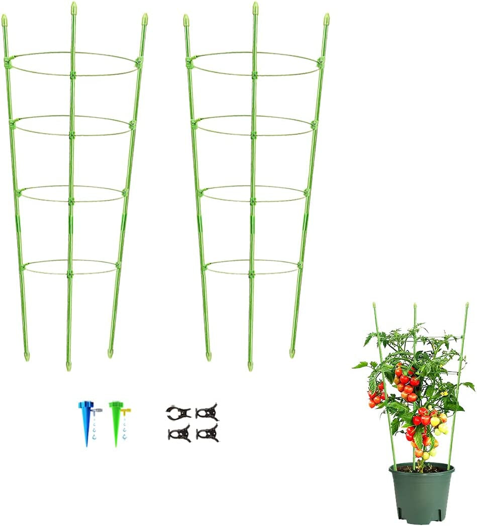 Mimeela, Mimeela Garden Plant Support Tomato Cage, Upgrade Trellis for Climbing Plants, Plant Trellis Kits with Self Watering Spikes and Plant Clips (2 Pack- 35")