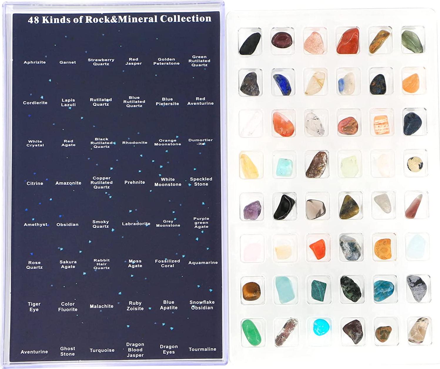 VWMYQ, Mineral&Gems Collection Geology Educational Kit for Kids,Children's Natural Science Education kits-48 Pieces with Clear Rock Display Case,Healing Chakra Gemstones,Crystal,Jasper Stone