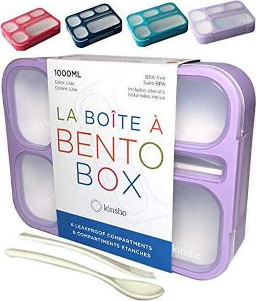 kinsho, kinsho Bento Lunch-Box for Girls Women in Purple, 6 Compartment Leakproof School Bentobox or Portion Container Boxes. BPA-Free, Pastel Lilac