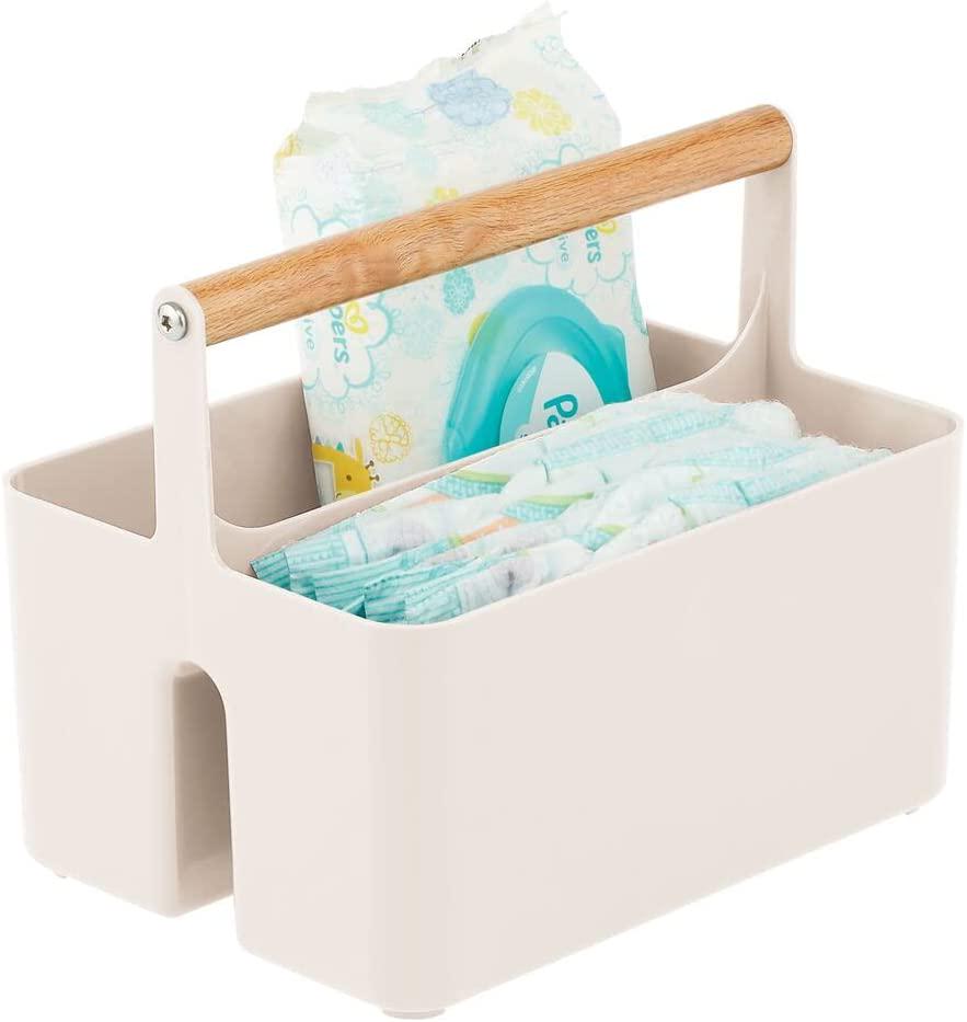 mDesign, mDesign Plastic Portable Nursery Organizer Caddy Tote, Divided Basket Bin with Bamboo Handle - Hold Bottles, Spoons, Bibs, Pacifiers, Diapers, Wipes, Baby Lotion - Aura Collection - Cream/Natural
