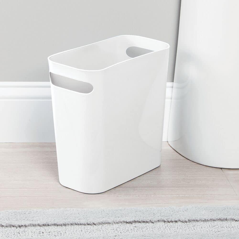 mDesign, mDesign Slim Rectangular Trash Can Wastebasket Garbage Container Bin with Handles for Bathrooms Kitchens Home Offices Dorms Kids Rooms 10 inch high Shatter-Resistant Plastic White